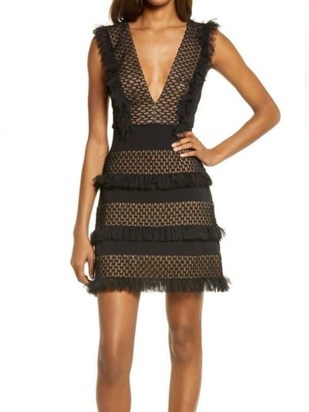 SHO by Tadashi Shoji Black Fringe Lace Mini Dress
